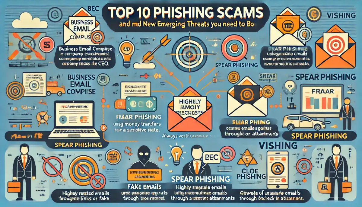 Infographic on the top 10 phishing scams in 2024, including AI-generated and deepfake scams.