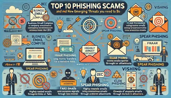 Infographic on the top 10 phishing scams in 2024, including AI-generated and deepfake scams.